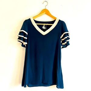 100% silk flutter sleeve v-neck blouse blue and cream